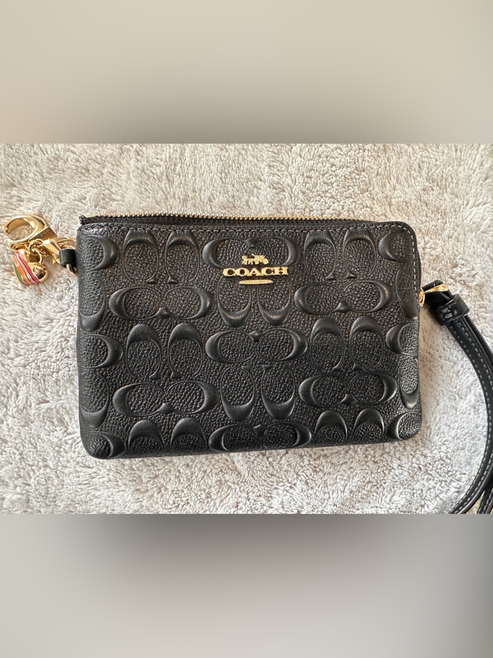 Coach Black Embossed Signature Leather Wristlet with Gold Hardware